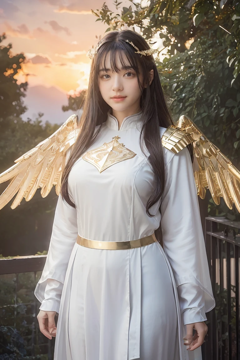 ((masterpiece, best quality, extremely detailed), volumetric lighting, ambient occlusion, colorful, glowing), 
1girl, solo, young girl, (dark hair), long hair, halo, aura, sacred, goddess, cleric suit, (white outfit with gold detailst:1.3), angel wings,
outdoors, sunset, sky, clouds, space, (fantasy theme:1.2),