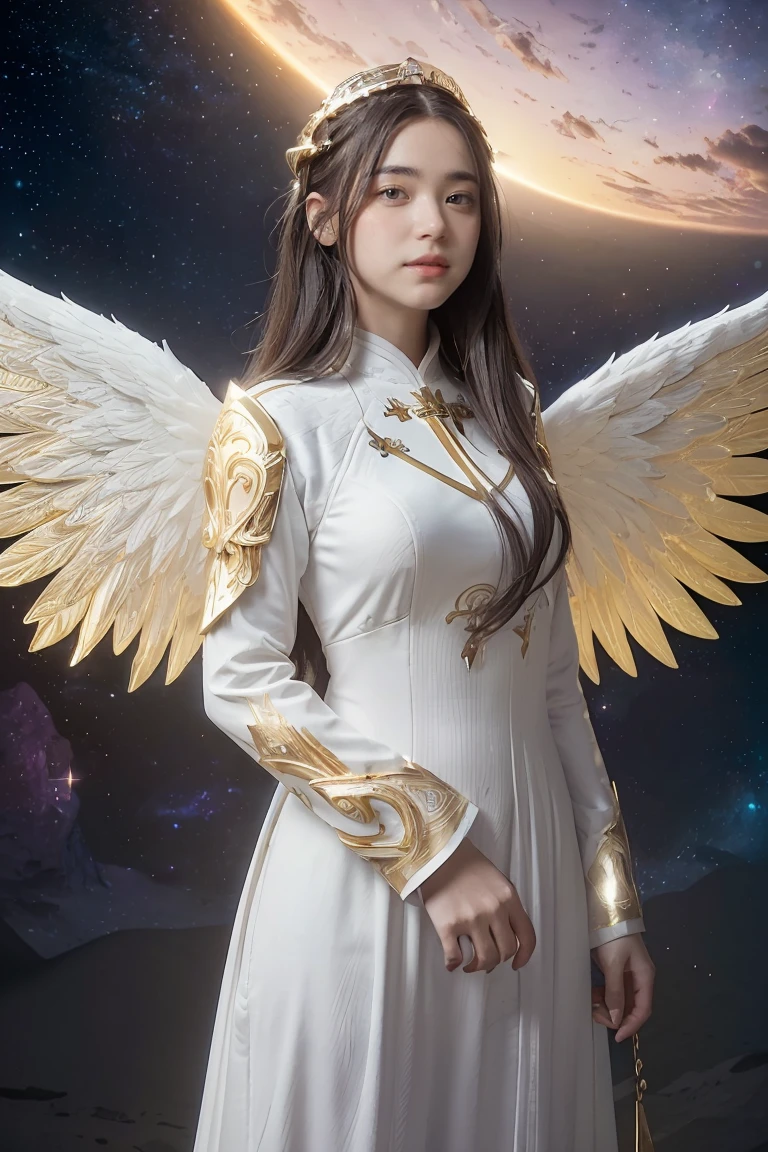 ((masterpiece, best quality, extremely detailed), volumetric lighting, ambient occlusion, colorful, glowing),
1girl, solo, young girl, (dark hair), long hair, halo, aura, sacred, goddess, cleric suit, (white outfit with gold detailst:1.3), angel wings,
outdoors, sunset, sky, clouds, space, (fantasy theme:1.2),