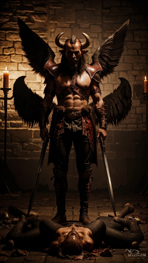 two devils with goat and cow heads with big horns, strong and powerful upper bodies, devil skin, skin, ((claws, wings)), devil armor, blood splashes, skulls on the ground, standing in a blood ritual, carrying heavy weapons and swords, medieval, dark room, low light, masterpiece, realistic, oil painting