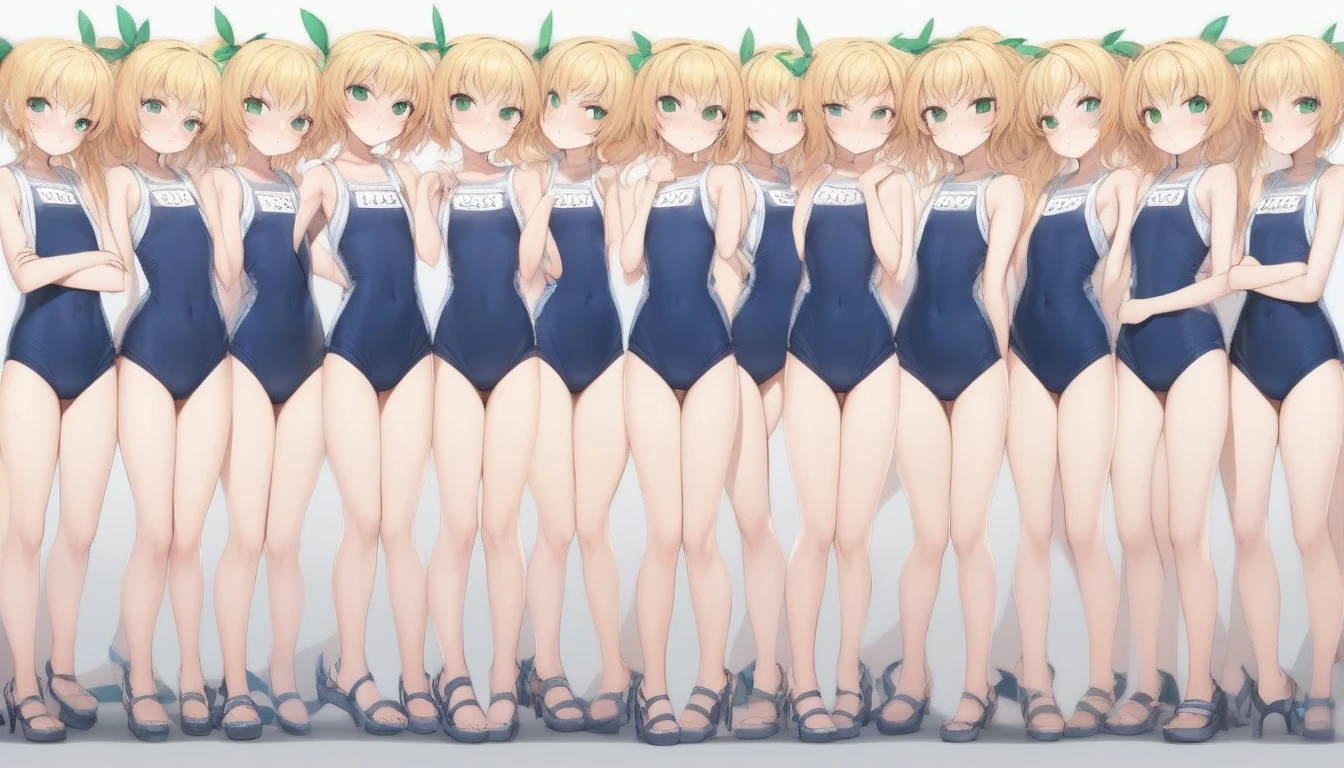 Short stature,flat chest, clone girls, blond hair, green eyes,roll(mega man classic),swimsuit roll(mega man x dive old design),high ponytail hair,Sleeveless navy one piece old type school swimsuit with white stripes from armpit to flank,white name tag, navy heeled sandals, green ribbon,human appearance,same height,same appearance, same face,fill the entire image, absolutely everyone, many clone, masterpiece, best quality,insanely detailed, 20000+ clone girls, perfect features,multiple clone girls,same school swimsuit,same hair,official art