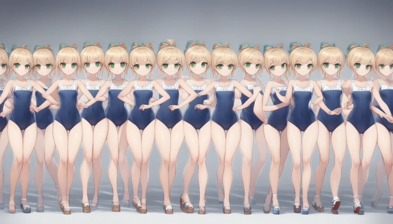 Short stature,flat chest, clone girls, blond hair, green eyes,roll(mega man classic),swimsuit roll(mega man x dive old design),high ponytail hair,Sleeveless navy one piece old type school swimsuit with white stripes from armpit to flank,white name tag, navy heeled sandals, green ribbon,human appearance,same height,same appearance, same face,fill the entire image, absolutely everyone, many clone, masterpiece, best quality,insanely detailed, 20000+ clone girls, perfect features,multiple clone girls,same school swimsuit,same hair,official art