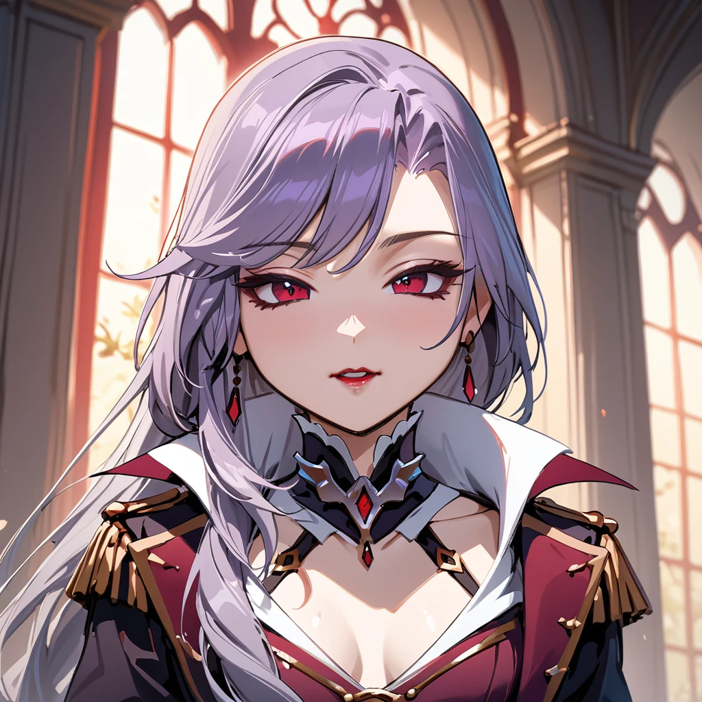 (masterpiece, best quality:1.2), 1girl, solo, Sonata, purple hair, vampire, with red magic of blood