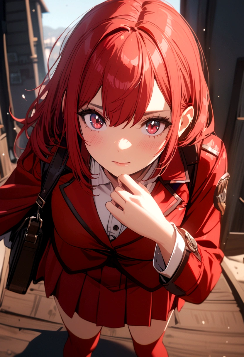 A girl with a red skirt red stockings red jacket red hair and eyes