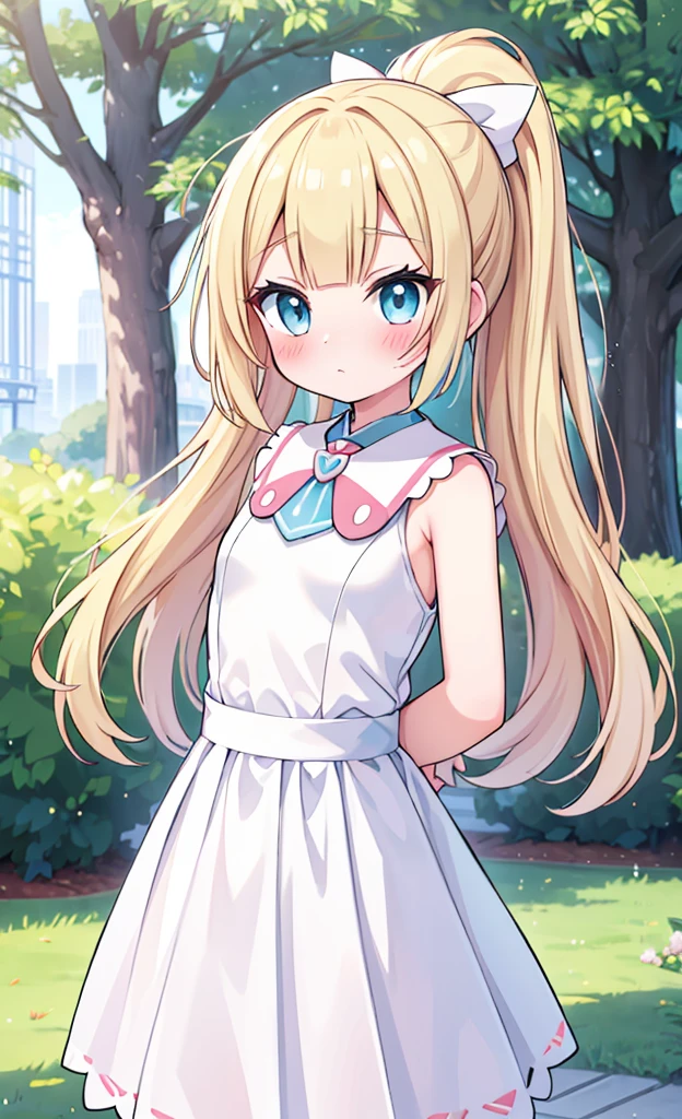 masterpiece,best quality,1 girl,solo,blush with embarrassment,Lillie,Pokémon,White Pleated Dresses,White clothes with light blue collar,Pokémon風の画風,(boldline:1.6),(deluster:1.5),(flat:1.5),ponytail