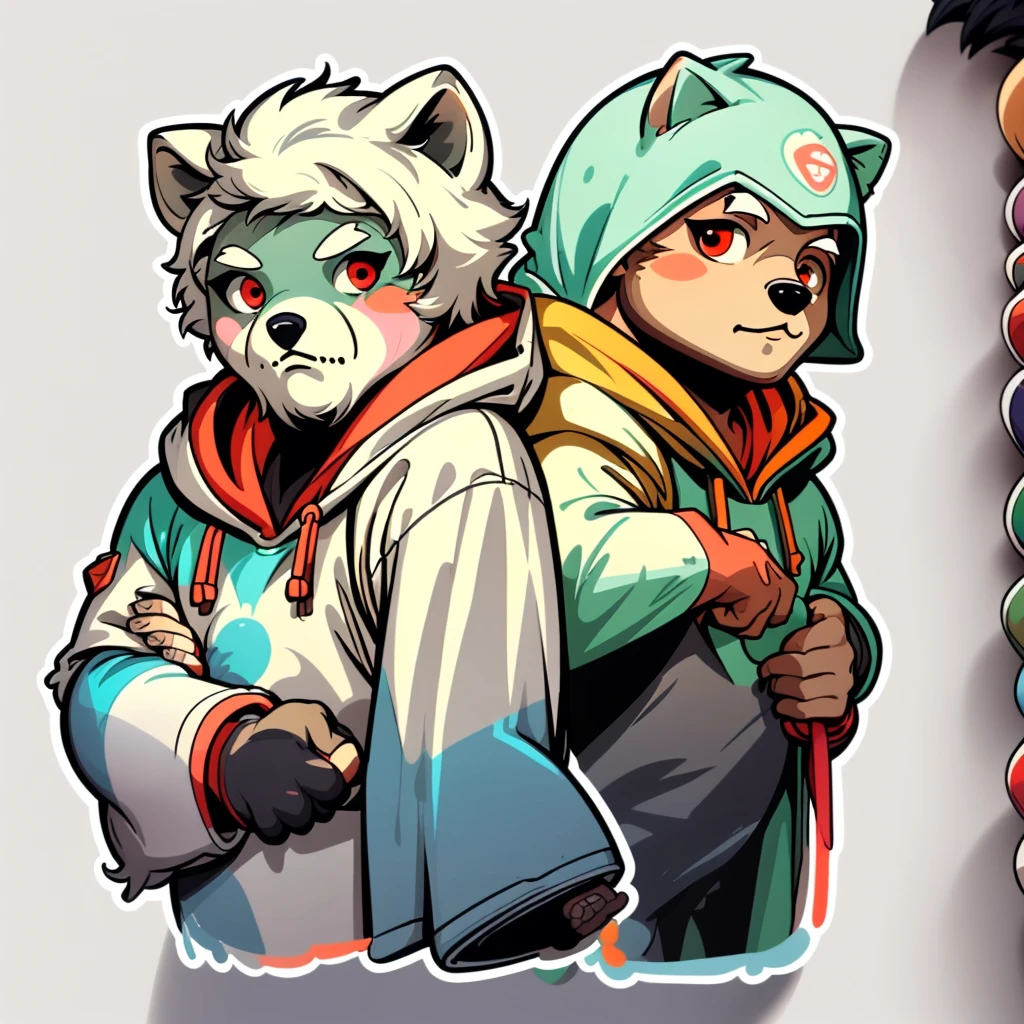 1 sticker, (stickers, jinpei), watercolor, white background, simple background, minimal, tiny, pastel color, vector style, no gradient, green bear with white coat and hood and black t-shirt inside and beard and white eyebrows and red eyes,
