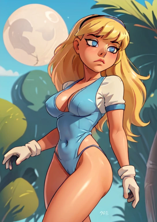 (cowboy shot), sfw, (artwork), (best quality: 1.0), (ultra high resolution: 1.0), (Detailed face:1.2), (Detailed eyes:1.2), (Hourglass figure:1.2) BREAK Galatea, 1 girl, long blonde hair, in the air, flying hairband, \(blue\) top cut, Good, micro bikini, gloves, boots BREAK She's crossing her arms, she's looking at the camera with an irked looked and unimpressed expression BREAK (Morning sun, beautiful beaches, beautiful trees, stunning view)