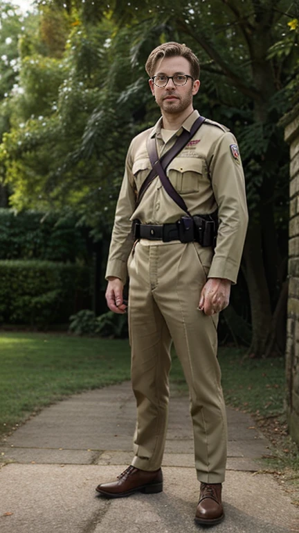  front view, Full body ,looking at viewer, White male, English man, 22 year old , The head is middle hair, blond  hair,  Black-rimmed glasses, blue eye,  Beard is stubble, WW II, England Army, England Army uniform, officer,  captain ,captain cap, handgun holster, standing,  on ground, training camp outdoor,  noon, (masterpiece, highest quality, High resolution, Photo realistic, sharp, RAW Photos,  perfection, Very detailed), 
