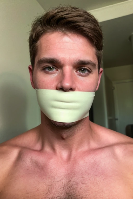 natural background, soft lighting, natural lighting, portrait, face only, 35 years old, hamdsome, soft smile, short brown hair, stubble, short beard, shirtless, sturdy, hairy, tattoo, looking at viewer, unkempt, tape gag, tape wrapped, wrap gag, tightly bound, tape wrapped around face