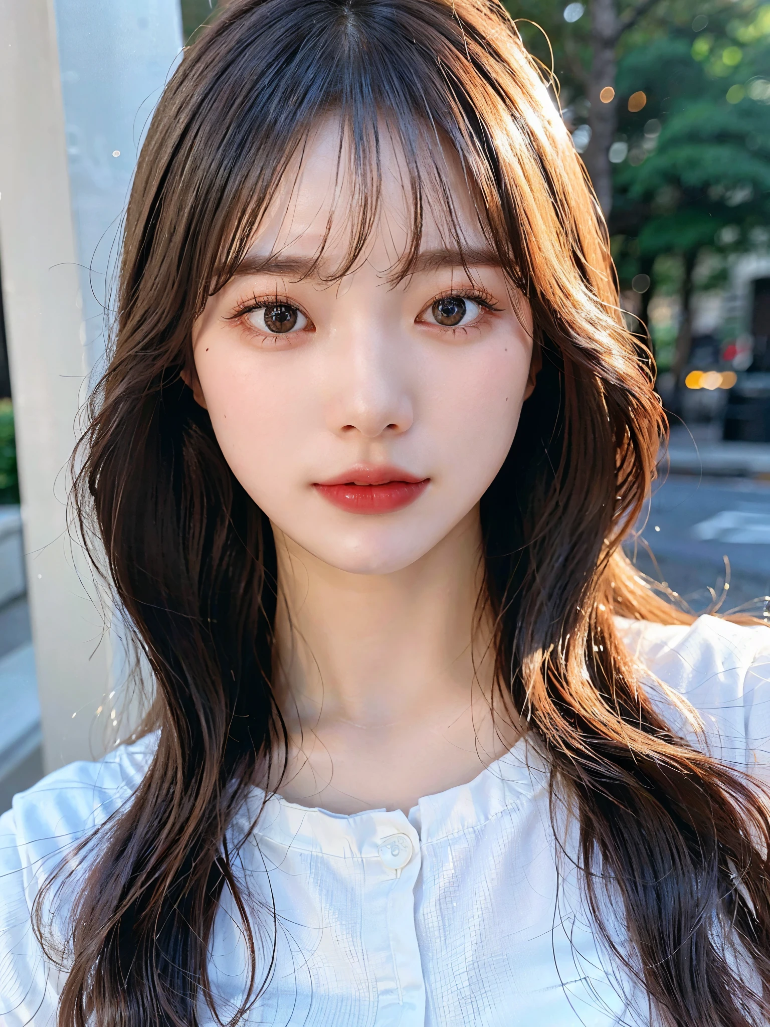 high resolution、high quality、20 year old Korean girl photo, born, Beautiful woman, (Very long wavy blonde hair), ((Portraiture)), ((Detailed face:1.2)), ((Detailed face、Characterized by finely textured skin), Pale skin, , (Cold colors), Moist, Moist, Reflector stay piece) (Perfect Proportions)(Photo Real)(最high quality) Photographed with Canon EOS R5, 50mm lens,(8k), Focus on the face、Face close-up、Only the face、Upper body、very long upper eyelashes、Very long lower eyelashes、Fine lashes、Curled eyelashes、eyelash perm、Beautiful eyelashes, Glamorous makeup、Natural Eyes、Double Eyelids、very beautiful eyelashes