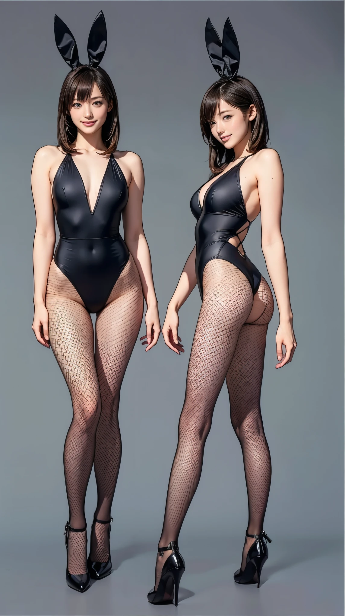 ((masterpiece)),(((Highest quality))),((Character design sheet)),Thin thighs,Long legs,Bunny girl:1.5,wearing black fishnet tights:1.5,The best smile:1.5,Full Body Shot:1.5,Gray background:1.5,Wearing black high heels:1.5,Wearing a black high-cut swimsuit:1.5,