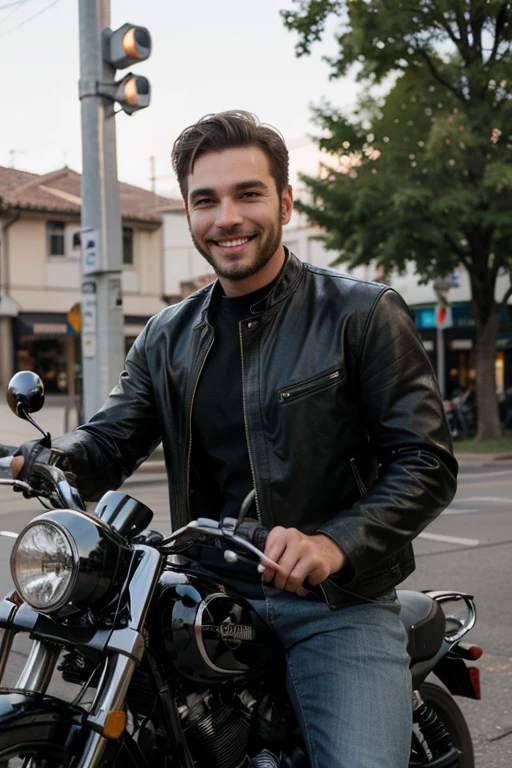 Male stubble beard brown handsome green eyes thin middle curly hair classy dressed casual badass skinny in black clothes smiling riding motorcycle