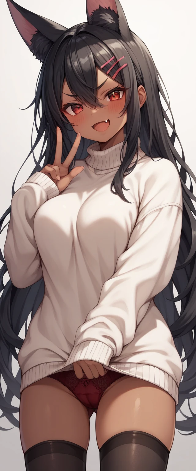 highres,1girl,animal ears,bangs,black hair,blush,red eyes,open mouth,fang,dark-skinned female,hair between eyes,hair ornament,hairclip,looking at viewer,smile,solo,v-shaped eyebrows,very long hair,thighhighs,underwear,sweater,nekomimi,