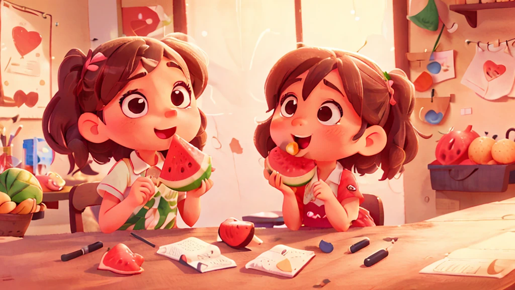 A cute girl eating watermelon,high quality,Correct anatomy