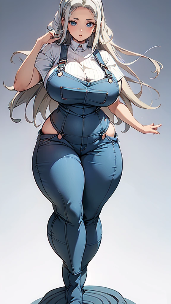 ((blank background)), masterpiece, best quality, silver hair, (curvy:1.8), (massive breast:1.5), ((full body framing)), (long legs:1.6), symmetry, farmer woman, (blue overalls), long boots, belt below navel, lumberjack shirt, (wavy hair)