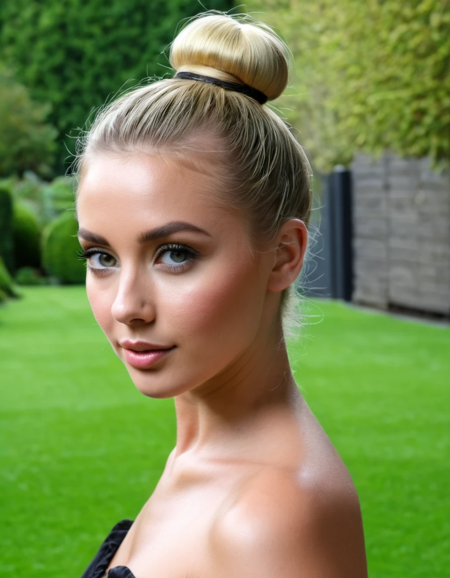 an eye contact of a blond with bun hair and dark theme , perfect figure, background garden view no blur