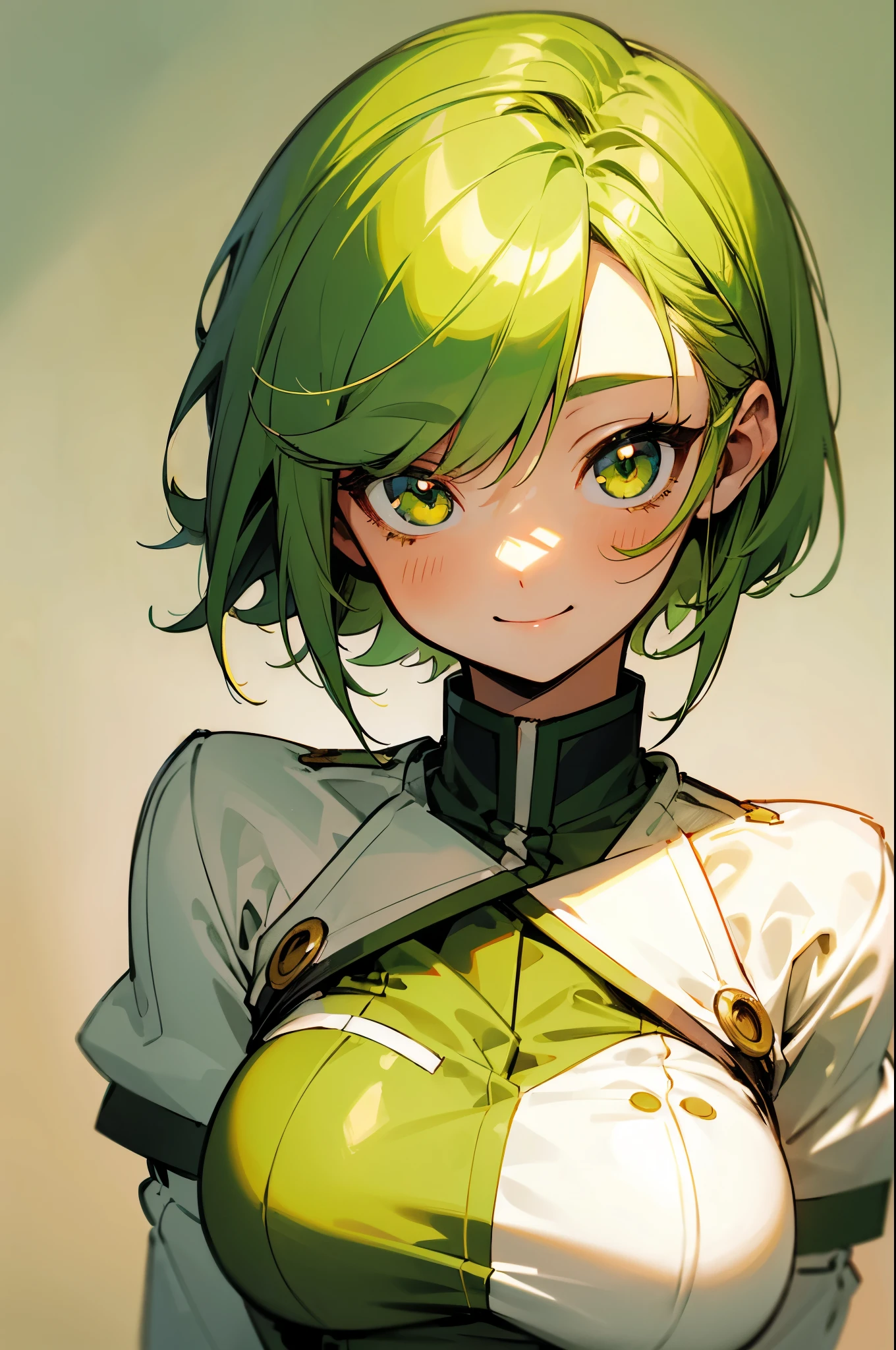 a beauty girl，Yellow-green hair，bobhair、short-hair、Gentle drooping eyes，large full breasts、Uniformanga style，fulcolor，hi-school girl，Calm and gentle face，Big smile、innocent smiles
