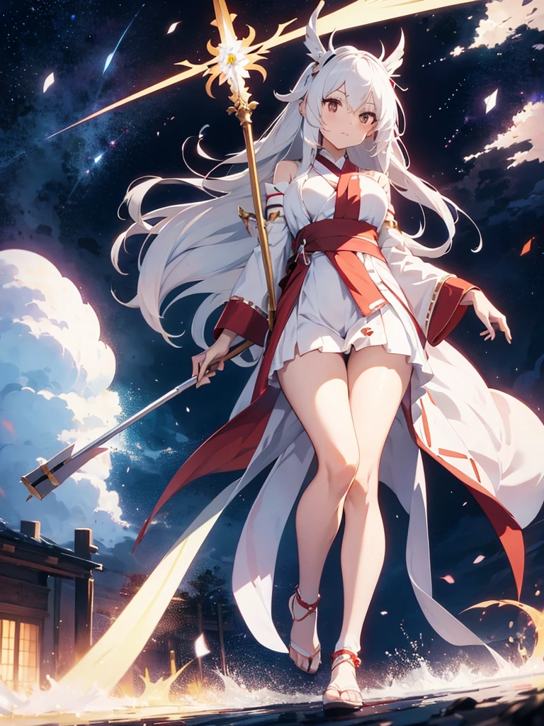 Miko,large breast , white hair, Long hair,full body, miko scepter