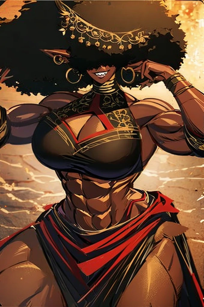 (masterpiece, best quality:1.2),1 girl, voluptuous body, full body, masterpiece, dominant pose, good anatomy, no extra limbs, big ass, thick thighs, black hair, voluminous afro, pointy ears, gold earrings, black top with red details, black skirt with red details, gold necklaces wide hips muscular female