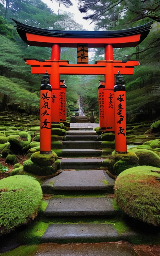 In the mountains、Forest around、A shrine with a torii gate in the center、The red torii gate stands out、There is a shrine behind the torii gate、There is moss growing on the stairs、