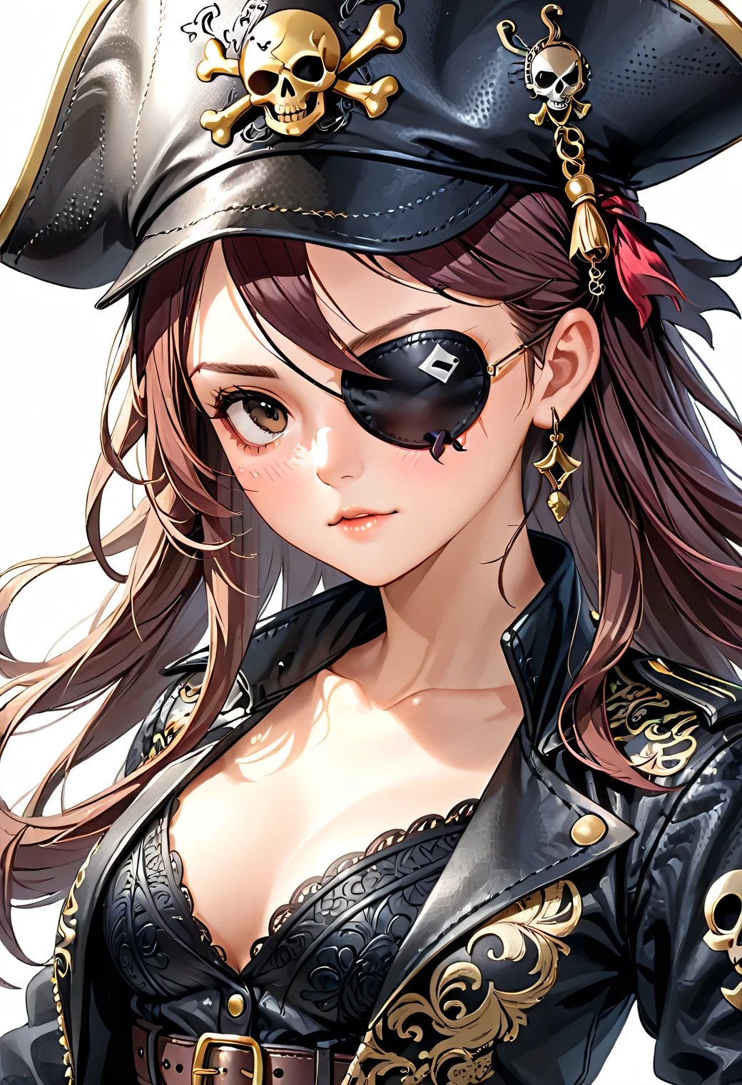 illustration of a Pirates girl with Eyepatch, (single eyepatch:1.5), black leather single eye patch, hat, intricate detailed eye patch, (Masterpiece), (Best Quality), (High Detailes), intricate details,. intricate detail texture