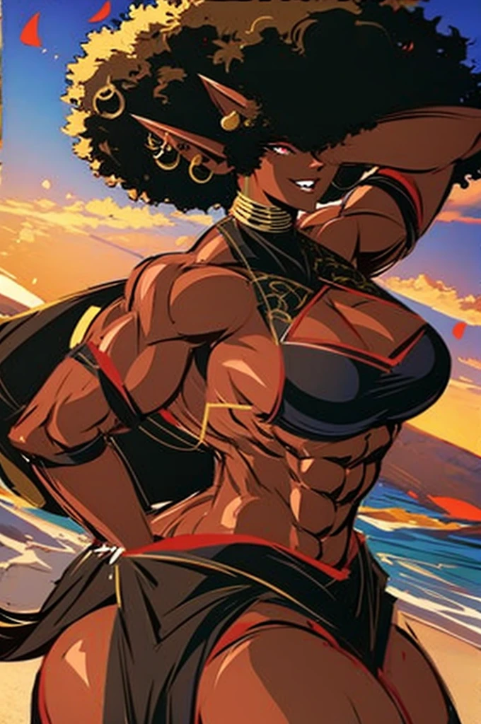 (masterpiece, best quality:1.2),1 girl, voluptuous body, full body, masterpiece, dominant pose, good anatomy, no extra limbs, big ass, thick thighs, black hair, voluminous afro, pointy ears, gold earrings, black top with red details, black skirt with red details, gold necklaces wide hips big ass