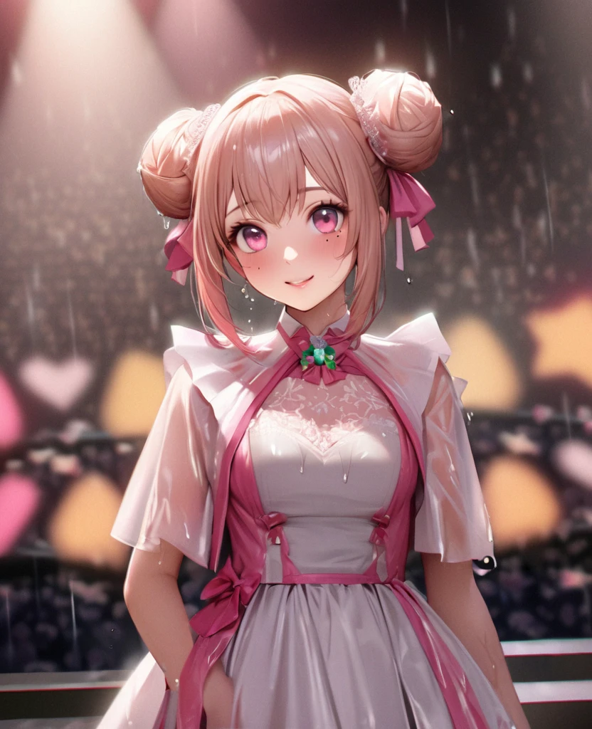 One Girl、Looking at the audience、lovely,
Beautiful pink eyes、Two brown double hair buns , Mole under the eye、Plump and glossy lips、Heart-shaped choca、Idol、Her name is May,smile、ー、。.。.。.。.。.。.。.。.。.。.。.。.。.。.。.。.。.。.3D、Realistic、
The idol's costume was soaked in the heavy rain, and her chest was wet and transparent.Heavy rain at outdoor concert, Drape clothes、gem、The decoration has been removed、Floral、Lace trim,On a glittering stage、
masterpiece、highest quality、8k、Detailed skin texture、Detailed cloth texture、Beautifully detailed face、Intricate details、Very detailed、
超A high resolution、8k Ultra HD、Film Grain、Best Shadow、delicate、Gazing at the audience、front