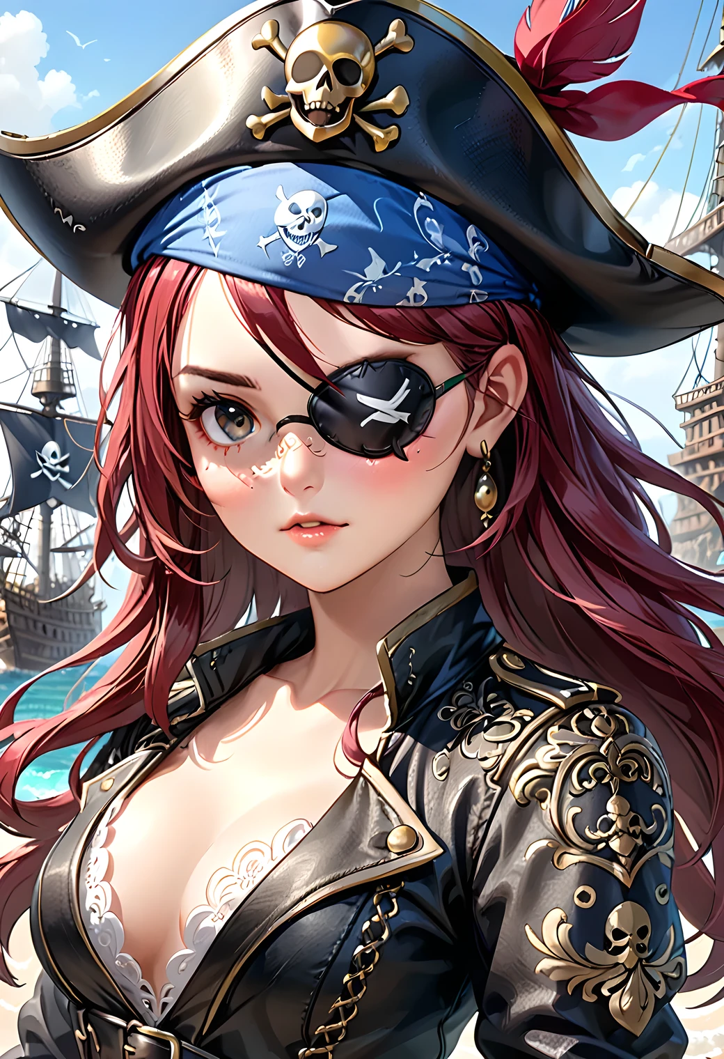 illustration of a Pirates girl with Eyepatch, (single eyepatch:1.5), black leather single eye patch, hat, intricate detailed eye patch, (Masterpiece), (Best Quality), (High Detailes), intricate details,. intricate detail texture