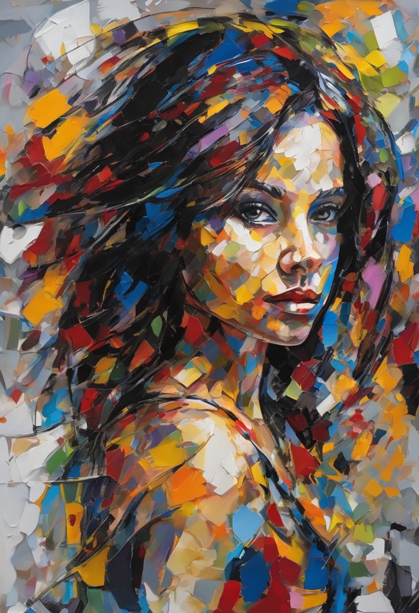 Create an AI-generated image of a girl inspired by the style of Jean-Paul Riopelle, emphasizing the characteristics of abstract expressionism. The composition should evoke themes of hatred, love, and despair, capturing the complexity of human emotions through her eyes. The girl's gaze should reflect a blend of dark and bright themes, juxtaposing sorrow with hope. Use a rich and colorful palette to create a visually stunning and emotionally captivating scene. The girl's face and upper body should be detailed, showcasing perfect shading that highlights her emotional depth. The background should be a complex interplay of colors and abstract forms, reminiscent of Riopelle's signature style, enhancing the overall beauty and emotional impact of the image. The scene should be gorgeously intricate, drawing the viewer into the emotional and visual complexity of the artwork.