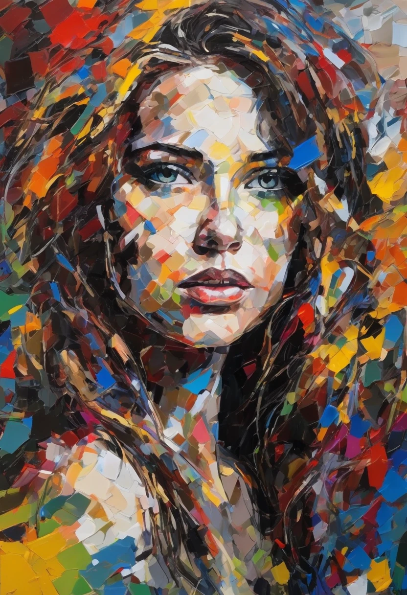 Create an AI-generated image of a girl inspired by the style of Jean-Paul Riopelle, emphasizing the characteristics of abstract expressionism. The composition should evoke themes of hatred, love, and despair, capturing the complexity of human emotions through her eyes. The girl's gaze should reflect a blend of dark and bright themes, juxtaposing sorrow with hope. Use a rich and colorful palette to create a visually stunning and emotionally captivating scene. The girl's face and upper body should be detailed, showcasing perfect shading that highlights her emotional depth. The background should be a complex interplay of colors and abstract forms, reminiscent of Riopelle's signature style, enhancing the overall beauty and emotional impact of the image. The scene should be gorgeously intricate, drawing the viewer into the emotional and visual complexity of the artwork.