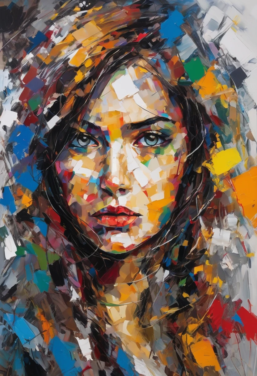 Create an AI-generated image of a girl inspired by the style of Jean-Paul Riopelle, emphasizing the characteristics of abstract expressionism. The composition should evoke themes of hatred, love, and despair, capturing the complexity of human emotions through her eyes. The girl's gaze should reflect a blend of dark and bright themes, juxtaposing sorrow with hope. Use a rich and colorful palette to create a visually stunning and emotionally captivating scene. The girl's face and upper body should be detailed, showcasing perfect shading that highlights her emotional depth. The background should be a complex interplay of colors and abstract forms, reminiscent of Riopelle's signature style, enhancing the overall beauty and emotional impact of the image. The scene should be gorgeously intricate, drawing the viewer into the emotional and visual complexity of the artwork.