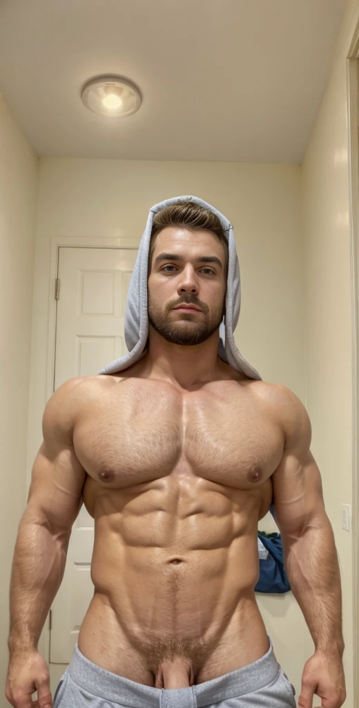 1boy, solo, facial hair,24 yrs old, dom, male focus, flaccid penis, pectorals, bara, muscular, mature male, muscular male, abs, beard, nipples, short hair, navel, stomach, large pectorals, thick eyebrows, bare pectorals, fair-skinned male, erection, thighs, erection under clothes, chav hood, fair skin, open clothes, hood, grey tracksuit, pectoral cleavage, cowboy shot, feet out of frame, thick thighs, looking at viewer, masterpiece, 4k, high quality, highres, absurdres,