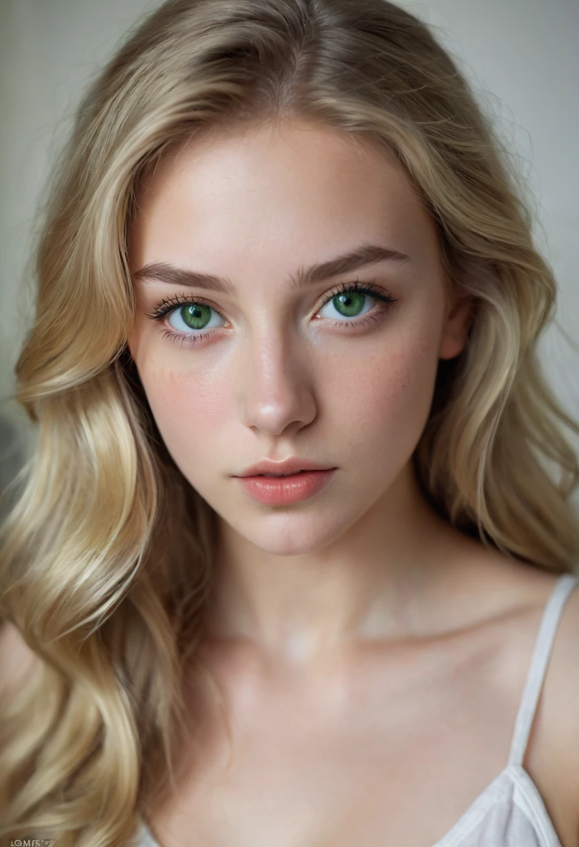 Create the portrait of a 21-year-old woman, in her room, long hair, blonde hair, wavy hair, green eyes, long eyelashes, small eyes, upturned nose, marked cheekbones, white skin, thick lips, height 1.50 cm, with hyper realism as if it were taken with a Sony alpha 77 DSLR camera, with natural light