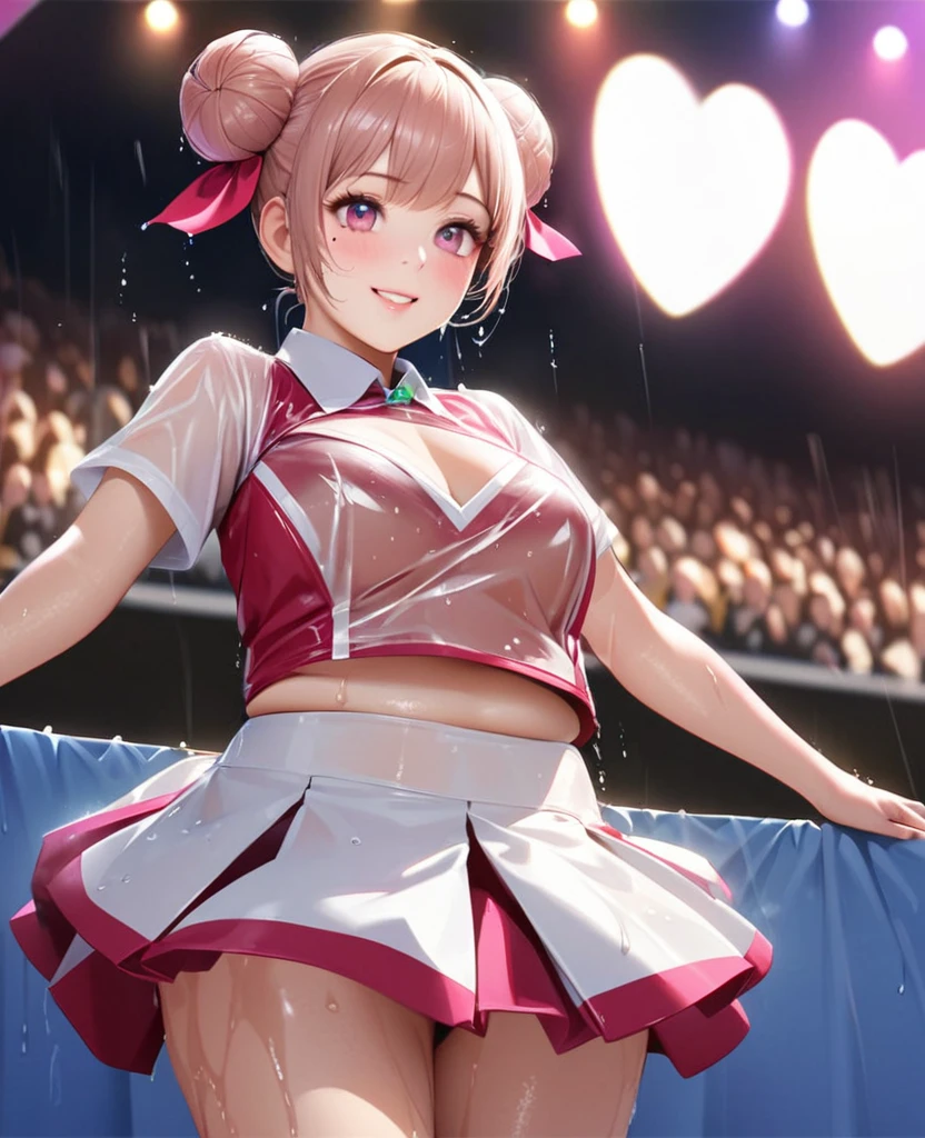 One Girl、Looking at the audience、lovely,
Beautiful pink eyes、Two brown double hair buns , Mole under the eye、Plump and glossy lips、Heart-shaped choca、Dance team uniformini skirt, Her name is May,smile、ー、。.。.。.。.。.。.。.。.。.。.。.。.。.。.。.。.。.。.3D、Realistic、
Dance team uniforms was soaked in the heavy rain, and her chest was wet and transparent.Heavy rain at outdoor concert, Drape clothes、gem、The decoration has been removed、Floral、Lace trim,On a glittering stage、
masterpiece、highest quality、8k、Detailed skin texture、Detailed cloth texture、Beautifully detailed face、Intricate details、Very detailed、
超A high resolution、8k Ultra HD、Film Grain、Best Shadow、delicate、Gazing at the audience、front