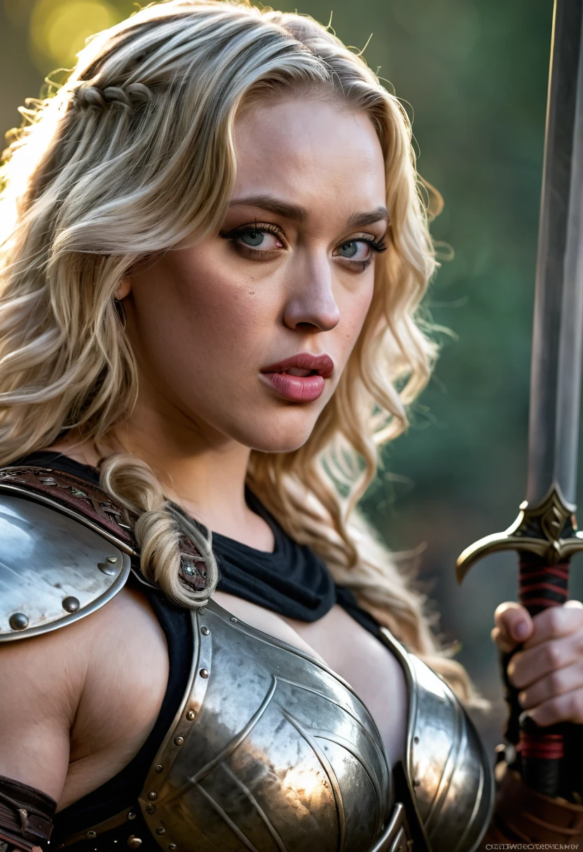 Looks like Kat Dennings, A beautiful barbarian woman, blonde hair, punk hair, sword and sorcery, skimpy armour, high detail face, high detail skin, muscle definition, high resolution, photo-realistic, cinematic lighting, depth of field, bokeh