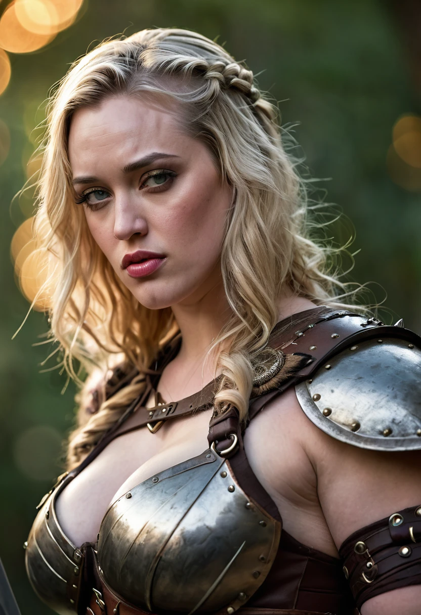 Masterpiece, a beautiful Viking woman, ((Huma Qureshi )), (chainmail  armor), (medium breasts), (perfect body), (blonde matted hair), (short hairstyle), welding a sword, outside, dirty, spattered with blood,(skin texture:1.1), best quality, ultra high res, Raw photo, Nikon D850, backlight, rimlight, bright sunlight, film grain:1.2, (warm hue, warm tone:1.2), (color photo), fantasy battlefield background, slaying another warrior