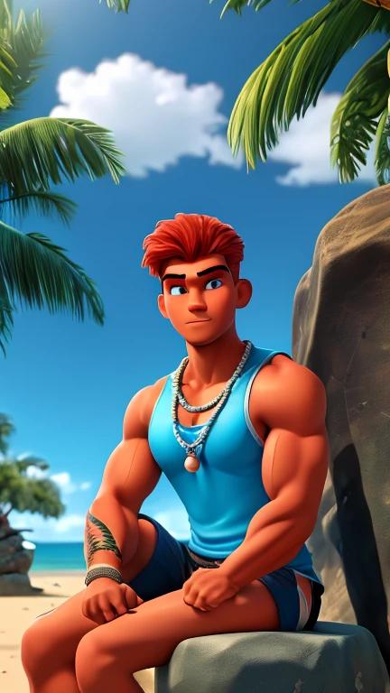Tall, handsome, strong and muscular Hawaiian young man with a tribal tattoo on his forearm, blue-eyed redhead wearing a white and blue tank top, surf shorts and black flip-flops, a pearl necklace and fish hook, sitting on a stone volcanic on the seashore