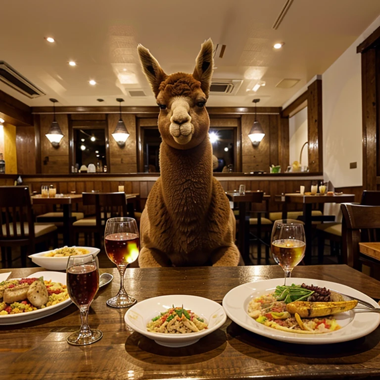 An alpaca eating at a Spanish restaurant in Saitama Prefecture。On the table is the main course of paella and a glass of water.、Cutlery is laid out。