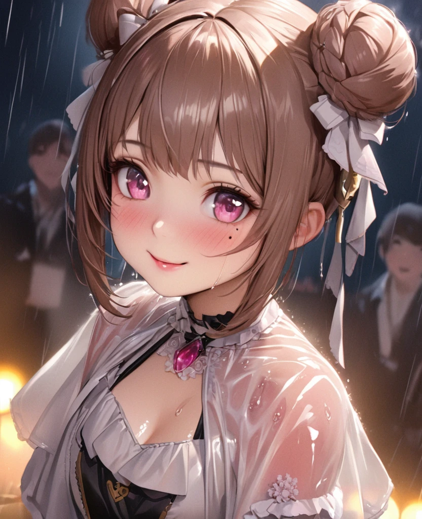 One Girl、Looking at the audience、lovely,
Beautiful pink eyes、Two brown double hair buns , Mole under the eye、Plump and glossy lips、Heart-shaped choca、Idol、Her name is May,smile、ー、。.。.。.。.。.。.。.。.。.。.。.。.。.。.。.。.。.。.3D、Realistic、
The idol's costume was soaked in the heavy rain, and her chest was wet and transparent.Heavy rain at outdoor concert, Drape clothes、gem、The decoration has been removed、Floral、Lace trim,On a glittering stage、
masterpiece、highest quality、8k、Detailed skin texture、Detailed cloth texture、Beautifully detailed face、Intricate details、Very detailed、
超A high resolution、8k Ultra HD、Film Grain、Best Shadow、delicate、Gazing at the audience、front