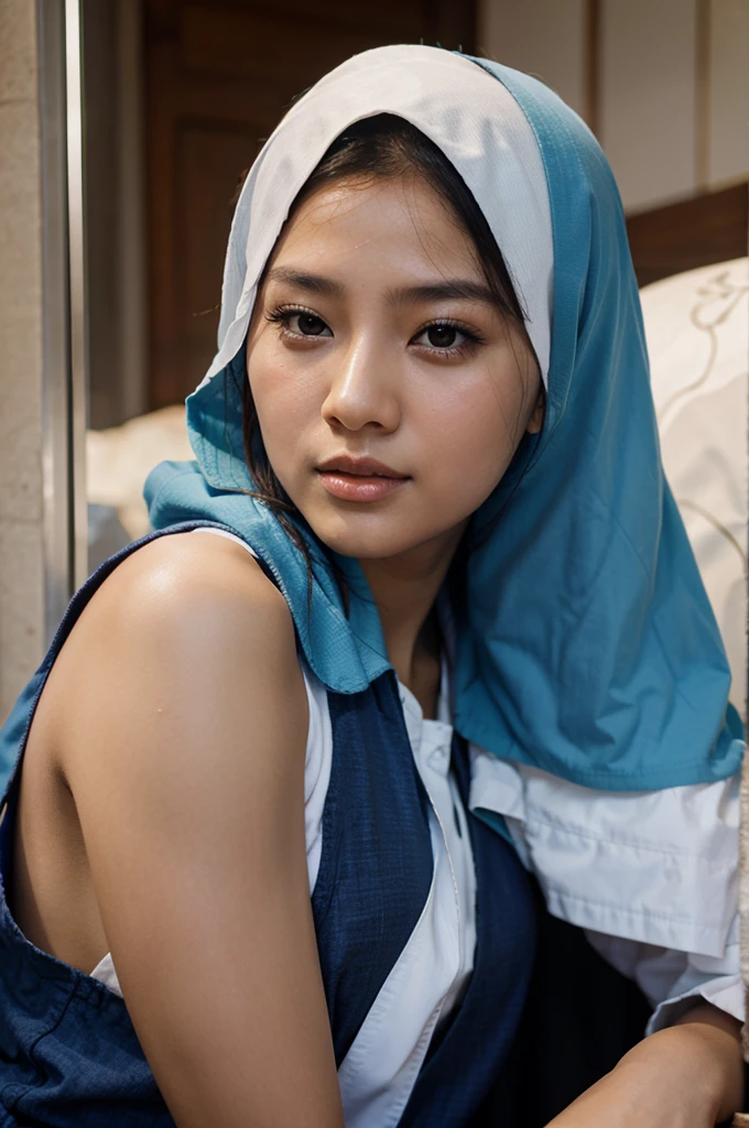 A beautiful white Asian girl in a hijab is being hanged in an old warehouse by several men and she is being tortured until she looks very painful and tormented  