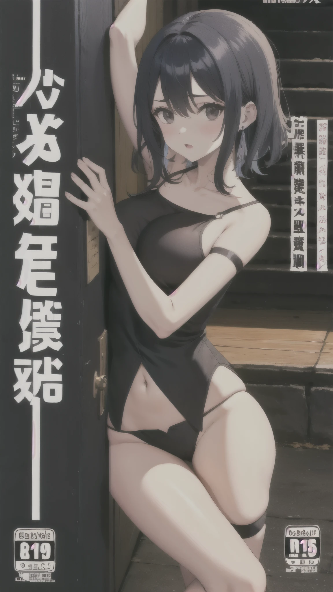 black eyes,black hair,two-tone hair,
jav cover,solo,