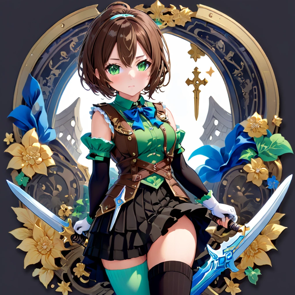 (((Stickerss)))，(((Stickers)))，One girl, With sword, Anime Style，Dreamland Wonderland、Fantastic，masterpiece，Kilo，Colorful，Detailed explanation，Seven Colors,(Highest quality,masterpiece, Complex,Hyper Detail,8K Ultra HD,Ultra-high resolution，Very detailed),(Short brown hair:1.2),  (Green Eyes:1.3),(Ready-to-wear skirts),(Brown vest),(Red Shirt),(Blue ribbon),(Black thigh-high socks:1.3),Erika Aoi,