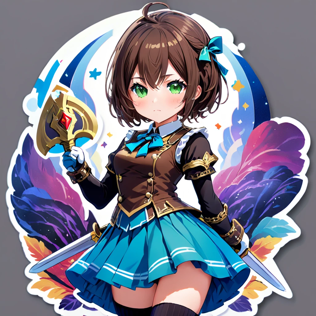 (((Stickerss))),(((Stickers))),One girl, With sword, Anime Style,Dreamland Wonderland、Fantastic,masterpiece,Kilo,Colorful,Detailed explanation,Seven Colors,(Highest quality,masterpiece, Complex,Hyper Detail,8K Ultra HD,Ultra-high resolution,Very detailed),(Short brown hair:1.2), (Green Eyes:1.3),(Ready-to-wear skirts),(Brown vest),(Red Shirt),(Blue ribbon),(Black thigh-high socks:1.3),Erika Aoi,