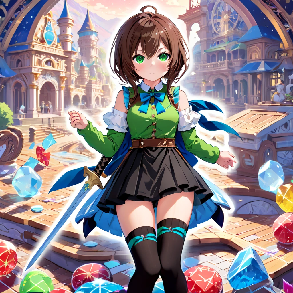 (((Stickerss))),(((Stickers))),One girl, With sword, Anime Style,Dreamland Wonderland、Fantastic,masterpiece,Kilo,Colorful,Detailed explanation,Seven Colors,(Highest quality,masterpiece, Complex,Hyper Detail,8K Ultra HD,Ultra-high resolution,Very detailed),(Short brown hair:1.2), (Green Eyes:1.3),(Ready-to-wear skirts),(Brown vest),(Red Shirt),(Blue ribbon),(Black thigh-high socks:1.3),Erika Aoi,
