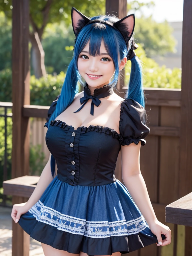 Masterpiece, best quality, ai-generated, cat girl
, Blue hair,cowboy shot,black dress, twin tail, curvy,light smile,