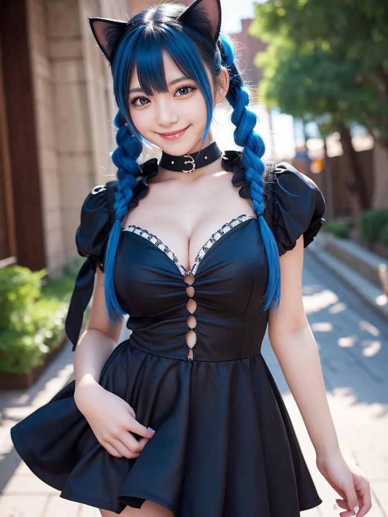 Masterpiece, best quality, ai-generated, cat girl
, Blue hair,cowboy shot,black dress, twin tail, curvy,light smile,