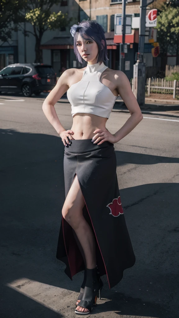 1girl,solo,konan \(naruto\),akatsuki outfit,narrow waist,looking at viewer,masterpiece,best quality,absurdres,highly detailed,photo realistic,best shadow,dramatic lighting,depth of field,outdoors, hands on hip, crop top, bare shoulder, black skirt, full body, standing, ilde