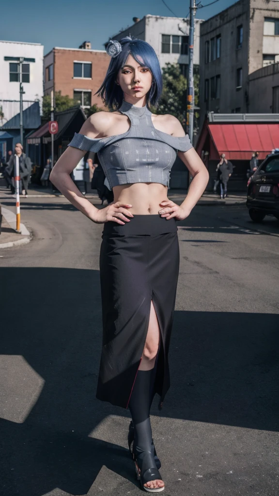 1girl,solo,konan \(naruto\),akatsuki outfit,narrow waist,looking at viewer,masterpiece,best quality,absurdres,highly detailed,photo realistic,best shadow,dramatic lighting,depth of field,outdoors, hands on hip, crop top, bare shoulder, black skirt, full body, standing, ilde