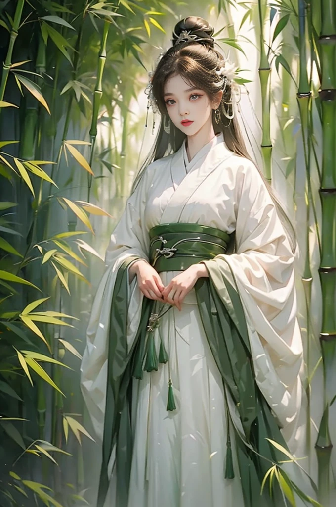 girl，Surrounded by bamboo forests，spring，Dark green traditional clothing，Clear face，Look at the lens，Chinese style，Traditional Culture，Bamboo Personification，Anthropomorphic style，Blend in with the background