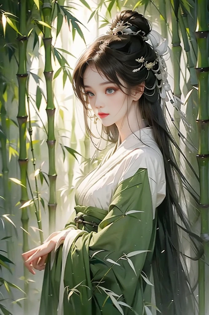 girl,Surrounded by bamboo forests,spring,Dark green traditional clothing,Clear face,Look at the lens,Chinese style,Traditional Culture,Bamboo Personification,Anthropomorphic style,Blend in with the background