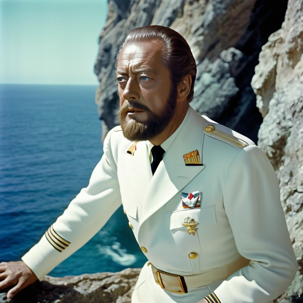 translucent ghost actor rex harrison with a beard captain man, looks at the water sea from a cliff